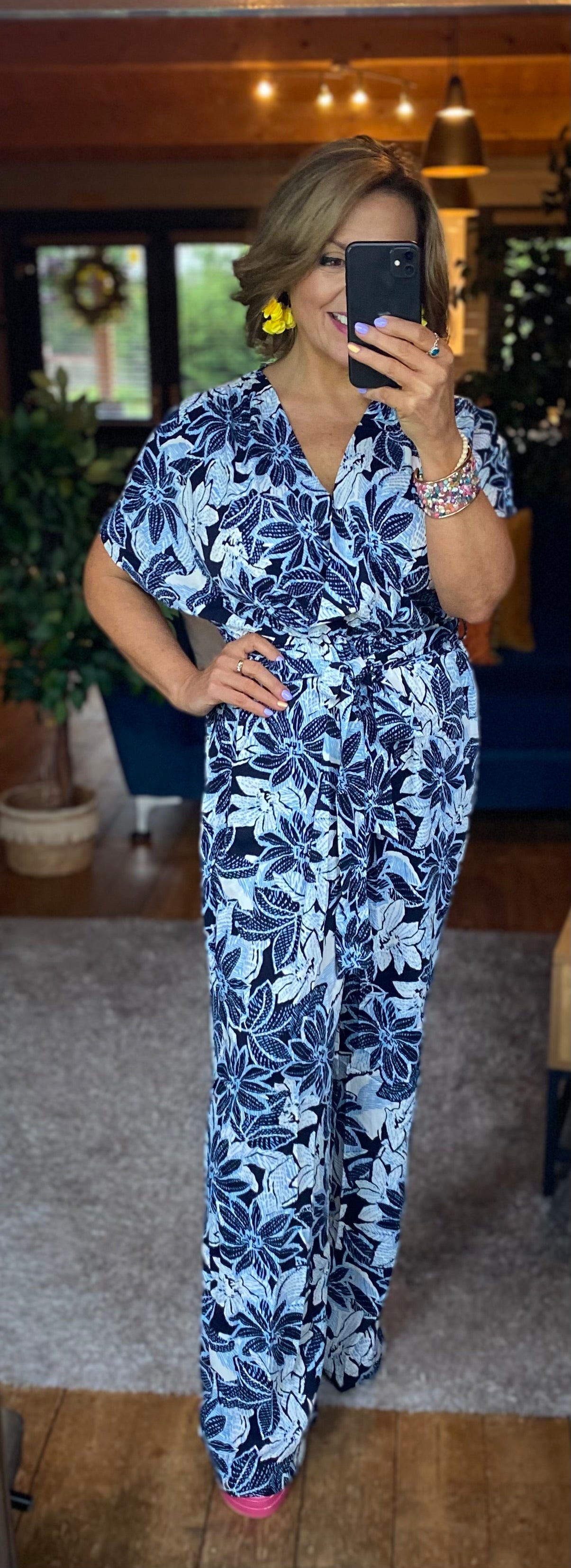Short Sleeve Blue Floral Jumpsuit