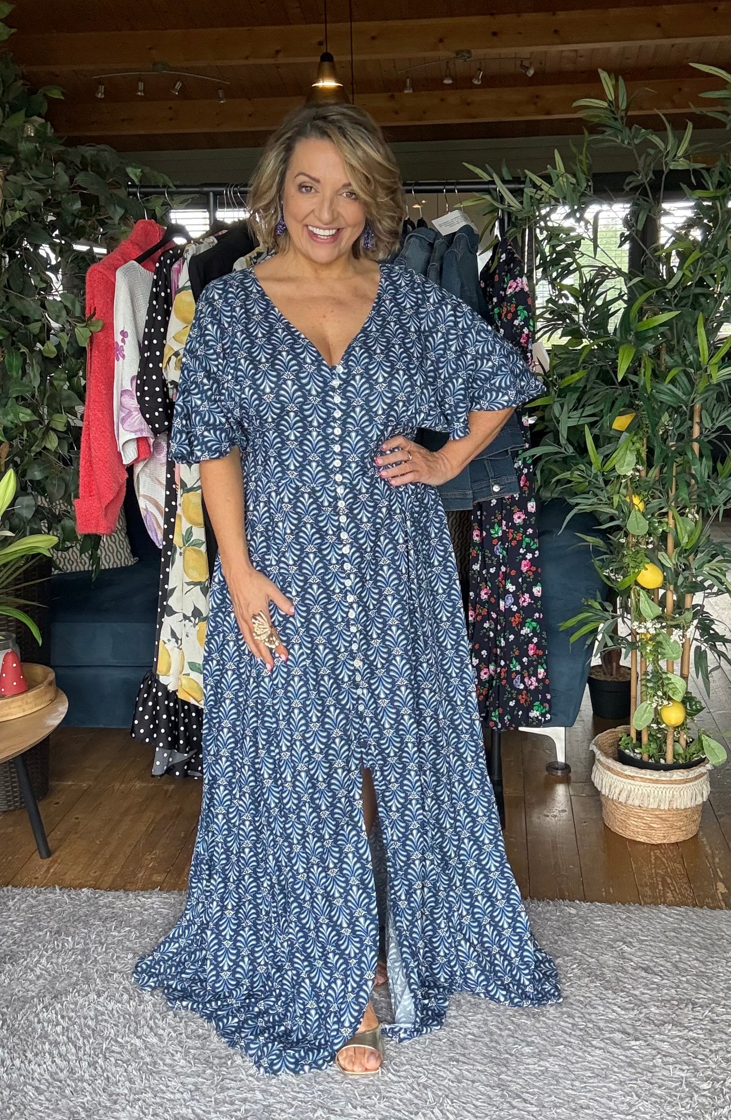 Navy print dress with pockets