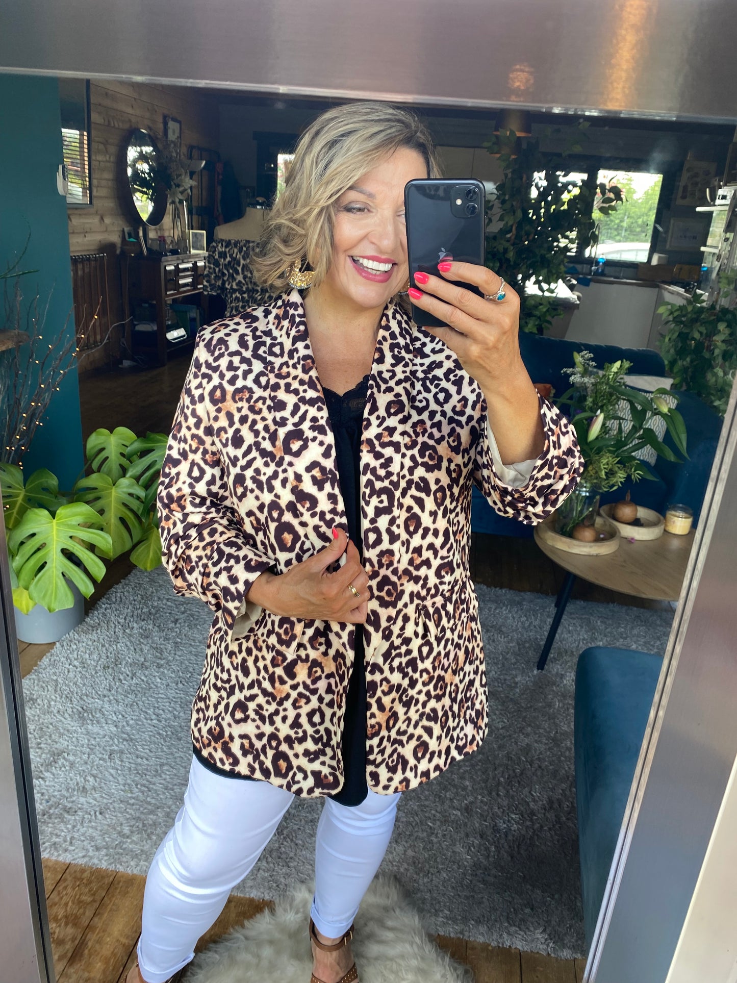 Leopard Print Ruched Sleeve Blazer