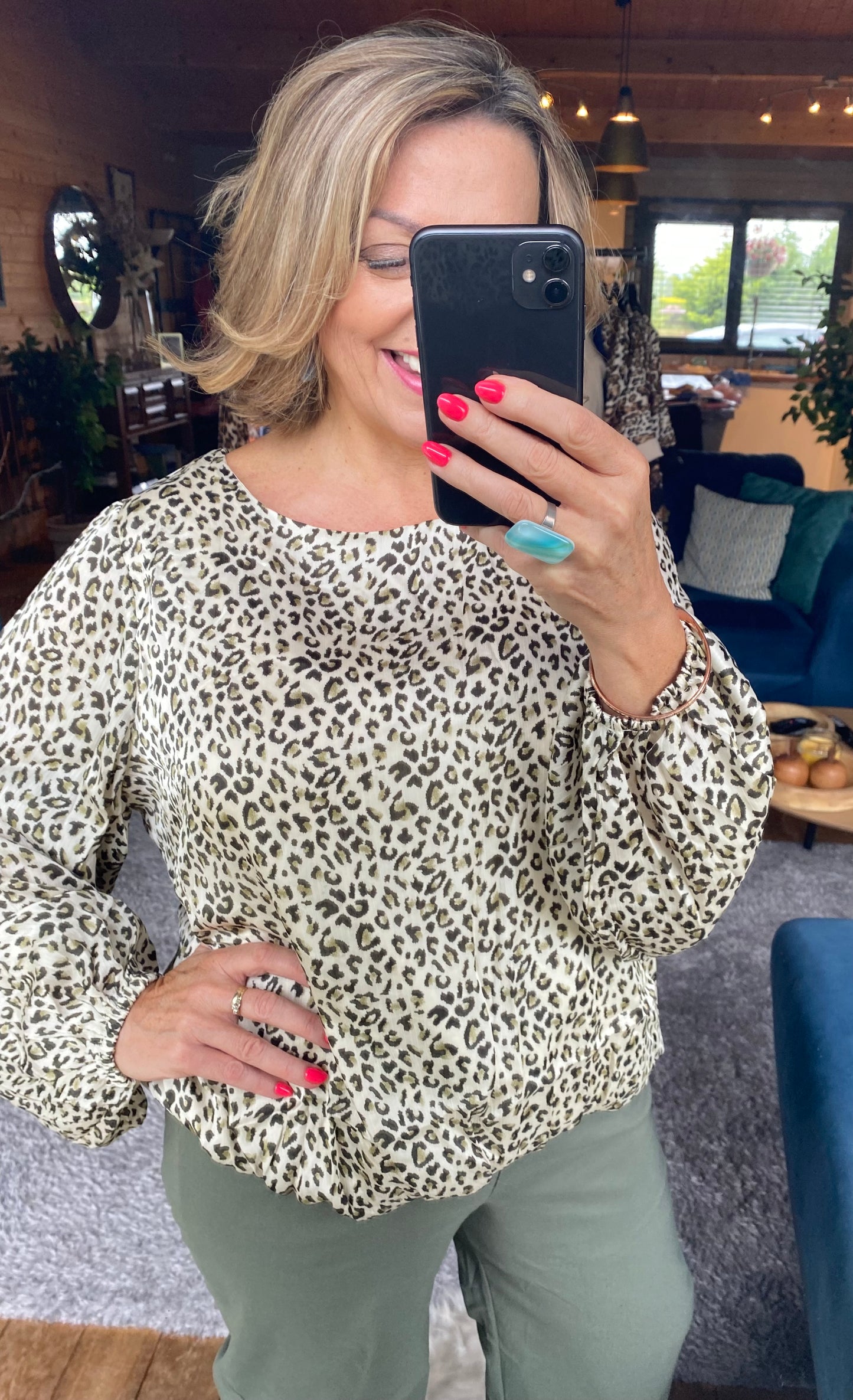 Khaki Animal Print Bubble Hem top