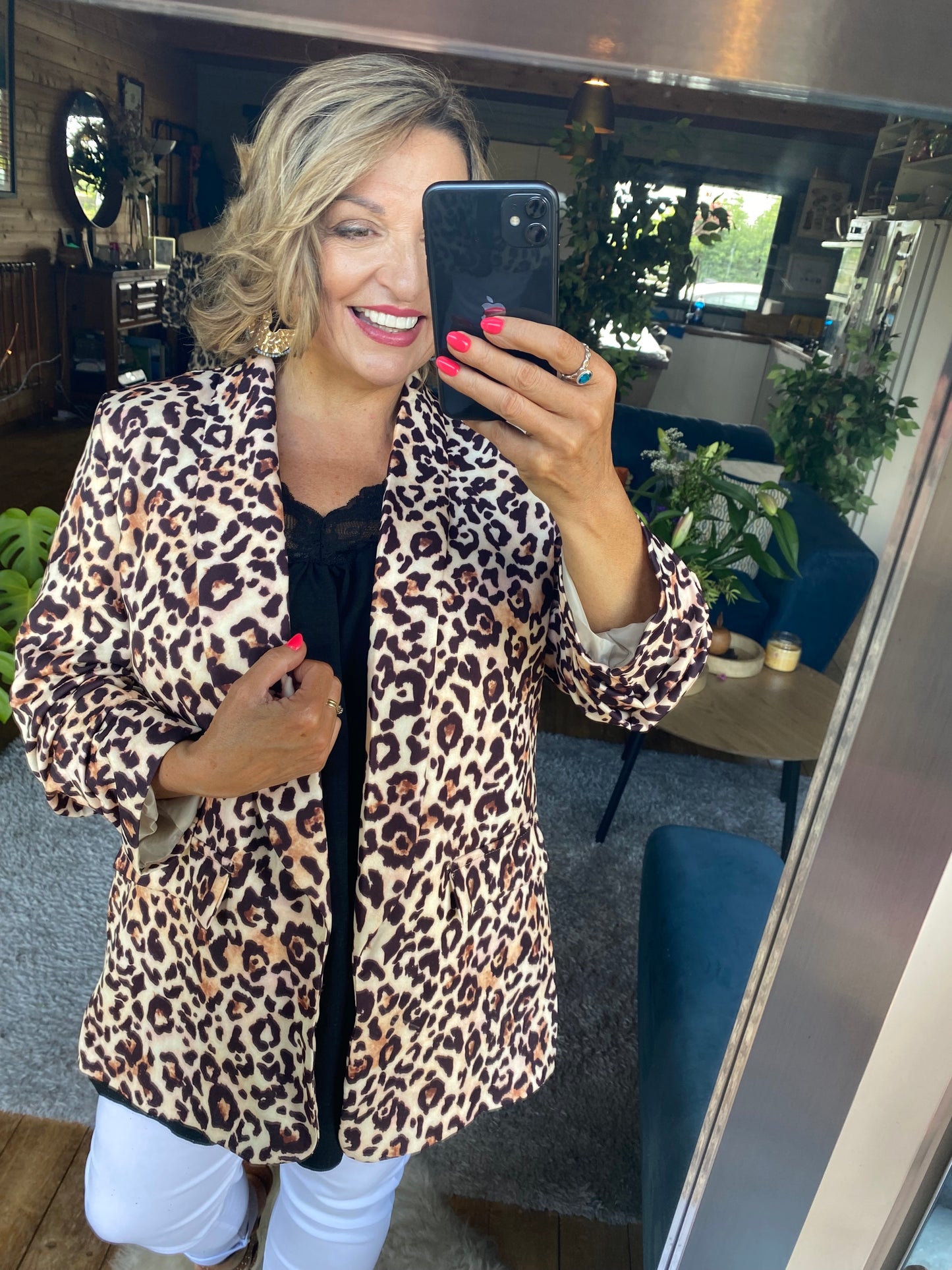 Leopard Print Ruched Sleeve Blazer