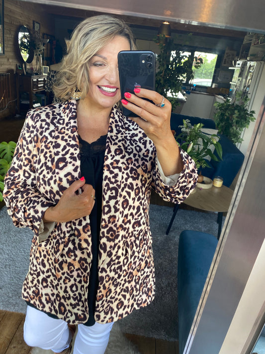 Leopard Print Ruched Sleeve Blazer